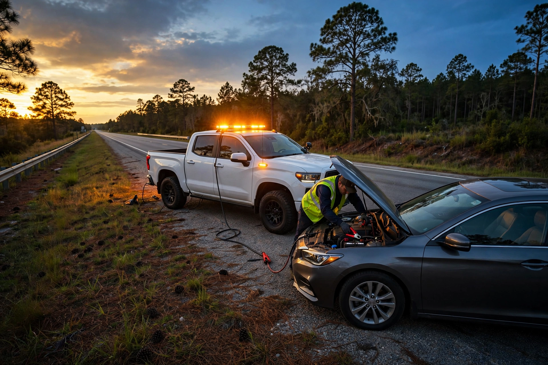 Right On Time service truck jump-starting a stranded car on a Georgia highway shoulder at dusk