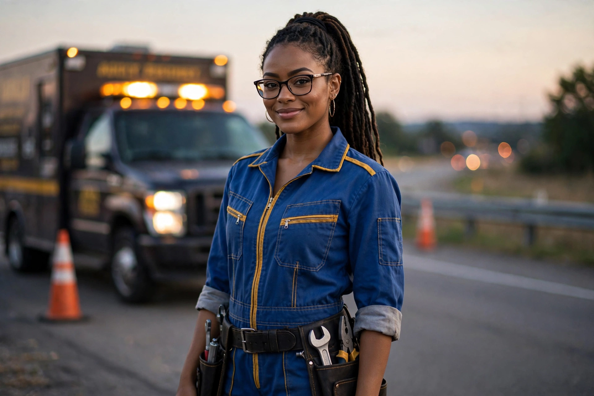 Nahlli, your Right On Time roadside tech — blue coveralls, glasses, dreads pulled back in a ponytail, standing by the service truck at dusk