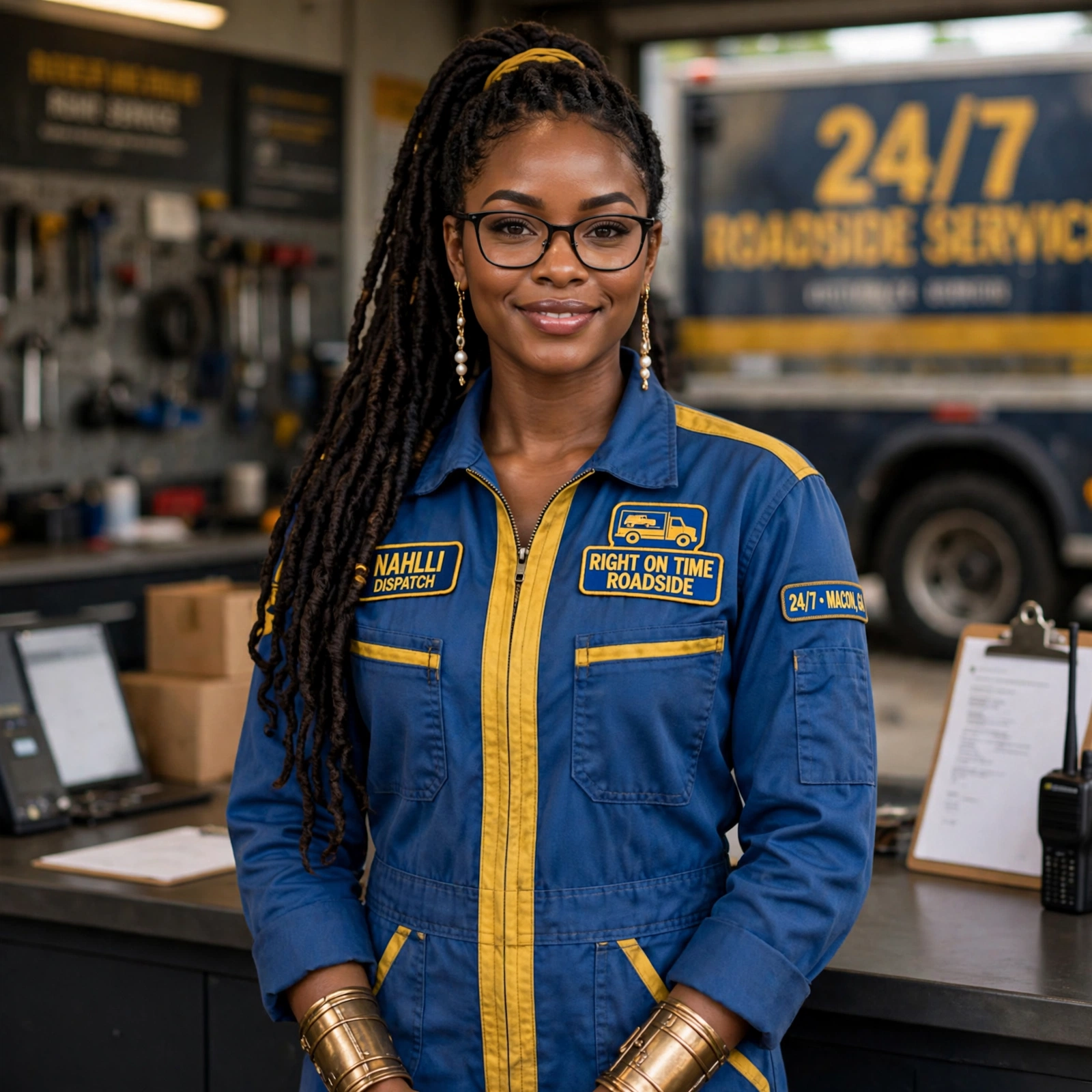 Nahlli in her blue Right On Time Roadside coveralls — patches reading Nahlli Dispatch and Right On Time Roadside — at the shop with the 24/7 roadside service truck behind her — your promotional gift from Right On Time Roadside